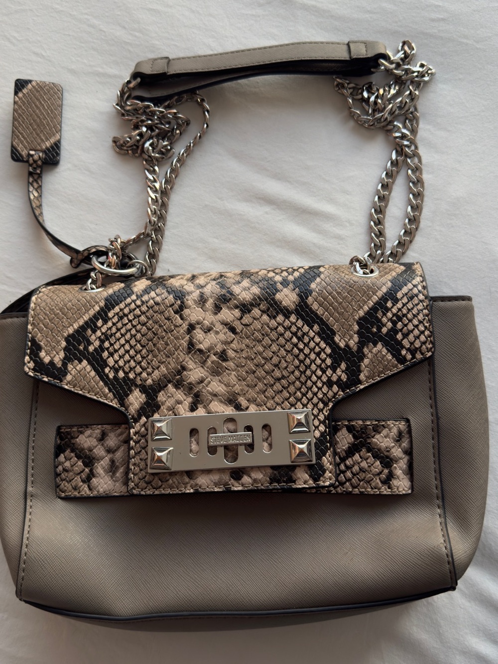 Steve Madden- Snake-Print Flap Shoulder Bag in Taupe